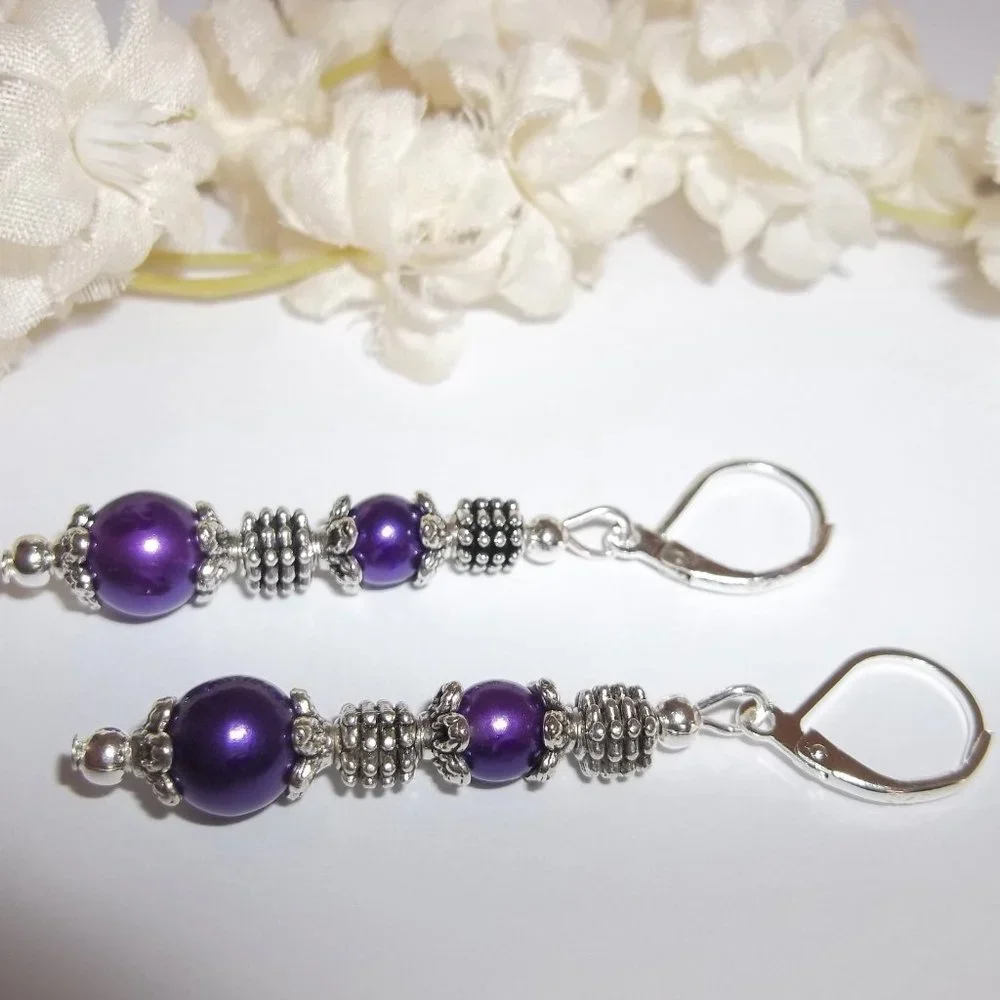 Long Purple and Silver Earrings Pearl Beaded Dangle Drop Jewelry Set Pair 7351